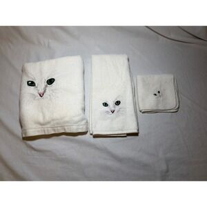Vintage Dundee Jillian Rose Cat Towel‎ Set White Embroidered Cotton 3pc USA 80s